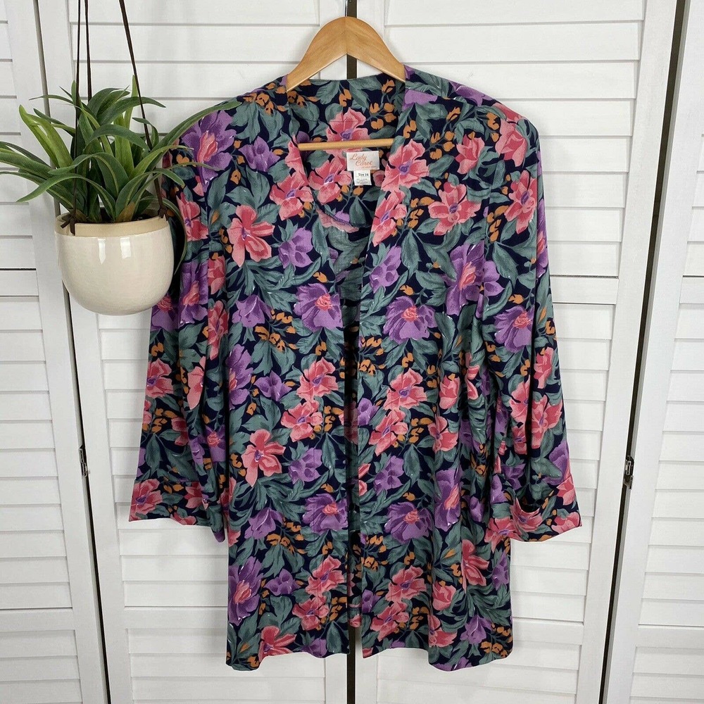Vtg Lady Carol of New York Open Floral Kimono Jacket‎ Shoulder Pads Size 16